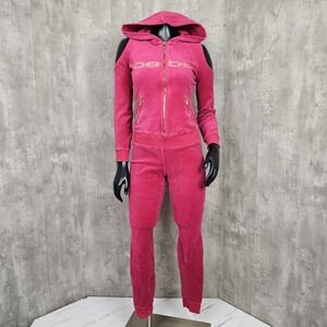 Bebe Womens S Dark Pink Plush‎ Velour One Piece Jumpsuit Cold Shoulder Hoodie